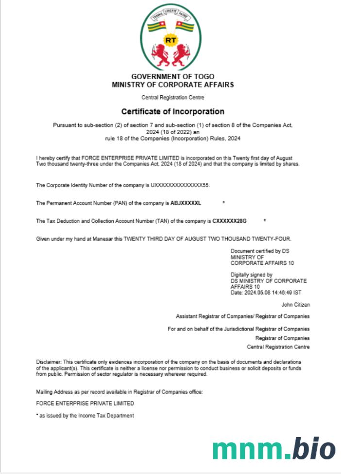 Togo Business registration vcertyfikat Word i szablon PDF